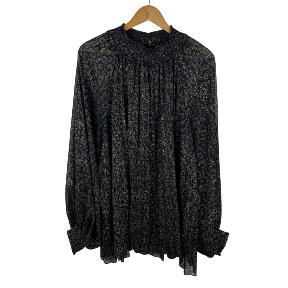 Oddi Black Gold Metallic Animal Print
Smocked Pleated Blouse Sz 3XL Long Sleeve
